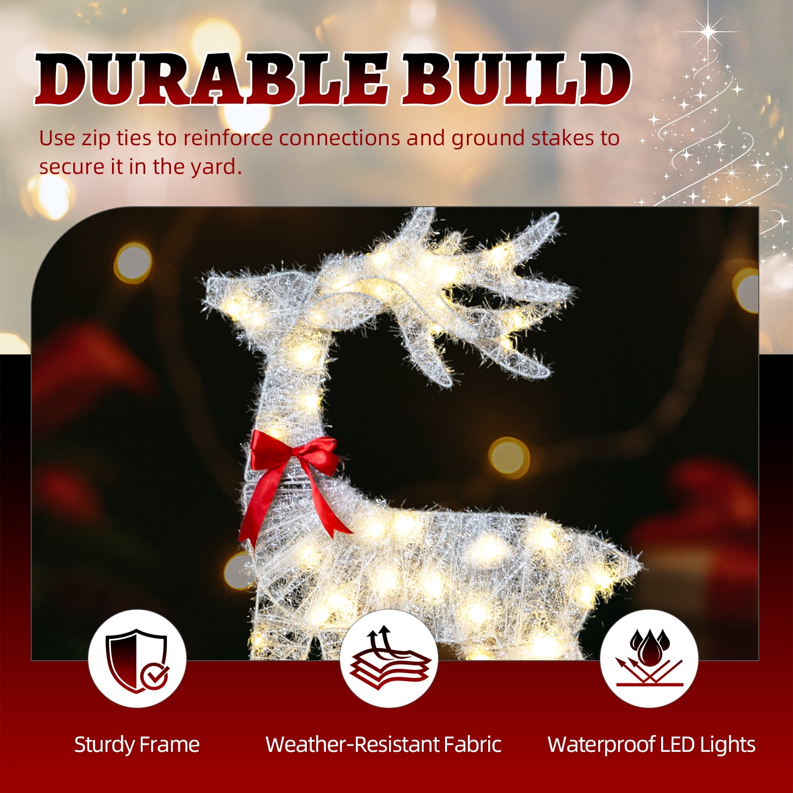 Astoutdoor 3-Piece Lighted Tinsel Christmas Reindeer Family Set, Pre-Lit 110 LED Warm White Lights, White, 2.4 ft