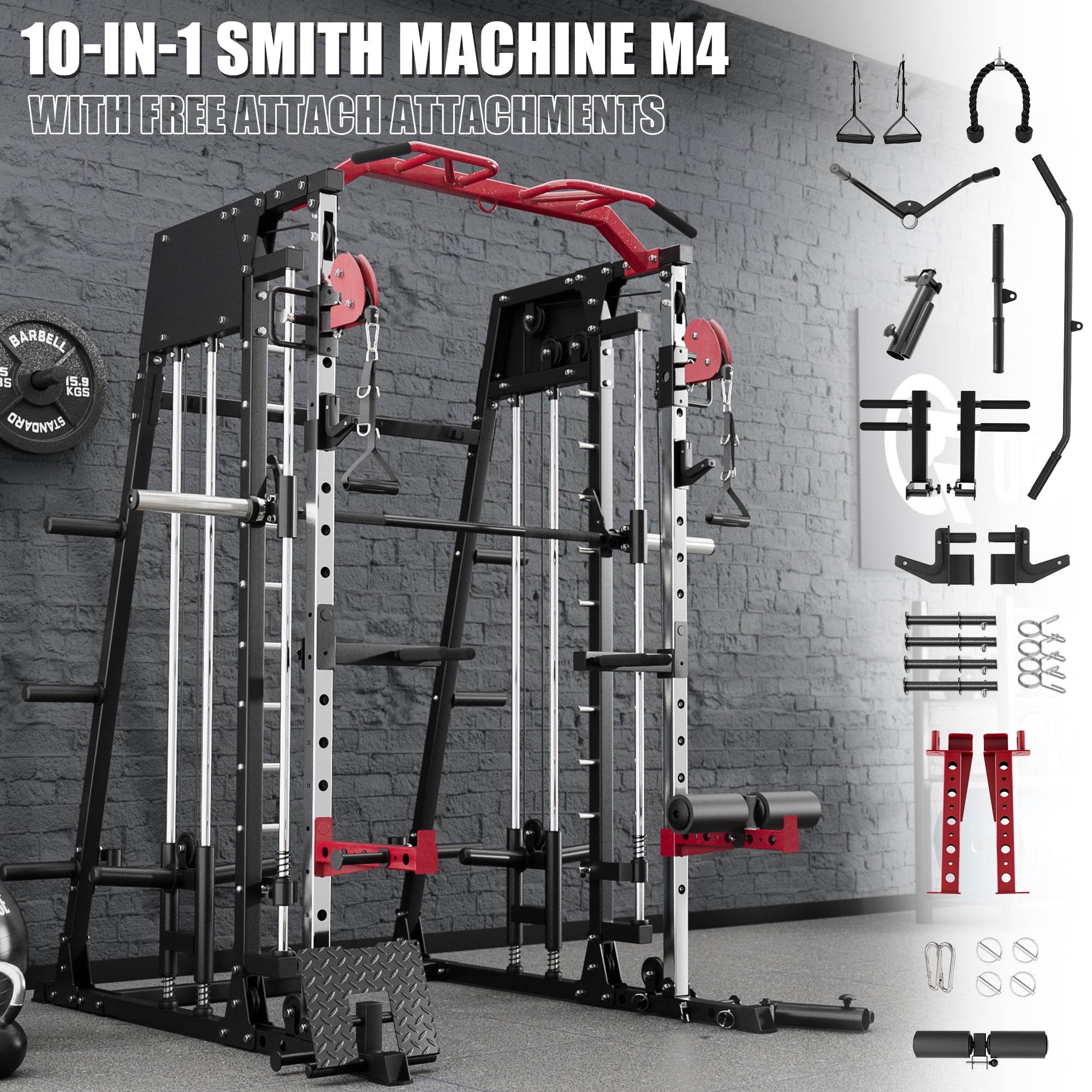 Smith Machine Home Gym, 2200 lbs Power Rack Cage with Cable Crossover, Weight Bar, 360° Landmine, Barbell Holders and Other Attachments, Total Body Strength Training Cage