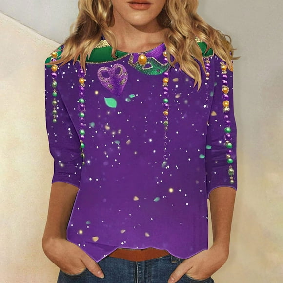 BVOFAR Mardi Gras Tops for Women 3/4 Sleeve Carnival Party Shirts Tuesday New Orleans T-Shirts Round Neck Holiday Parade Blouses