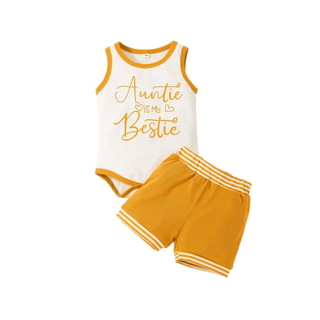 

jaweiw Baby Boys Summer Clothes Set Letters Print Sleeveless Romper with Elastic Waist Shorts Casual Outfit