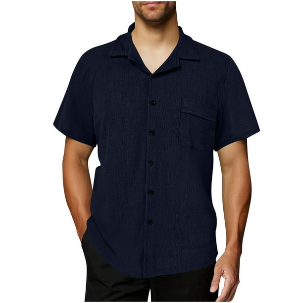 Mens Casual Manga Corta Botón Abajo Camisas, Color Sólido, Collar de Moda Y Bolsillo para los Hombres, Manga Corta