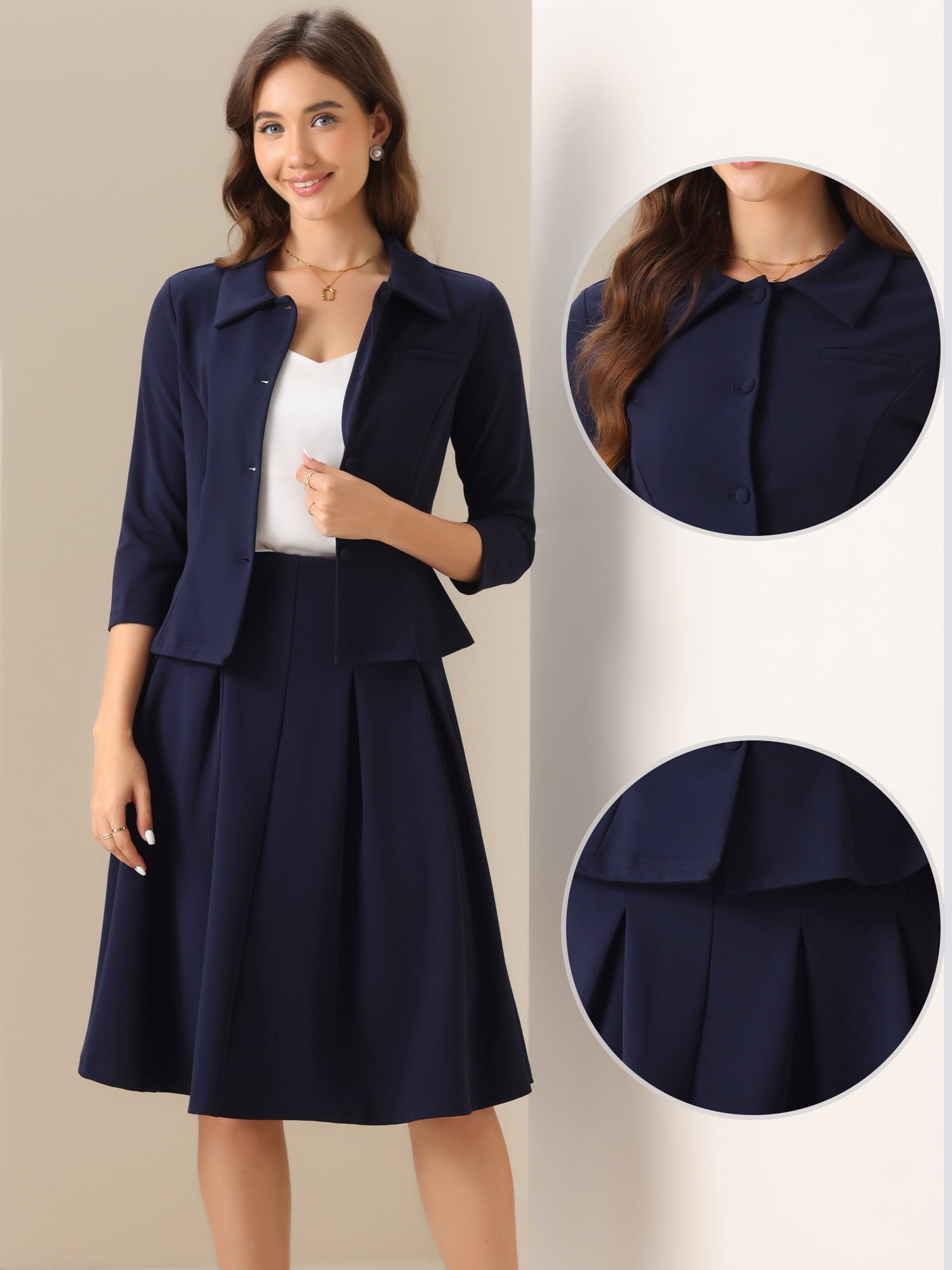 DARING DIVA 2Pcs Women's Office Blazer Jacket Pleated Skirt Suit Set XL Dark Blue