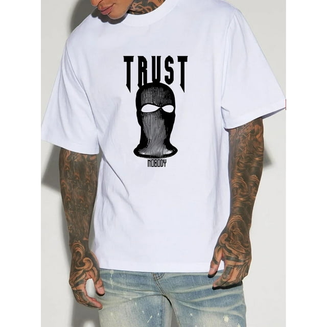 TRUST Creative Print Men's Casual T-Shirt, Summer Fashion Crew Neck Short Sleeve Top, Modern Streetwear Style For Men