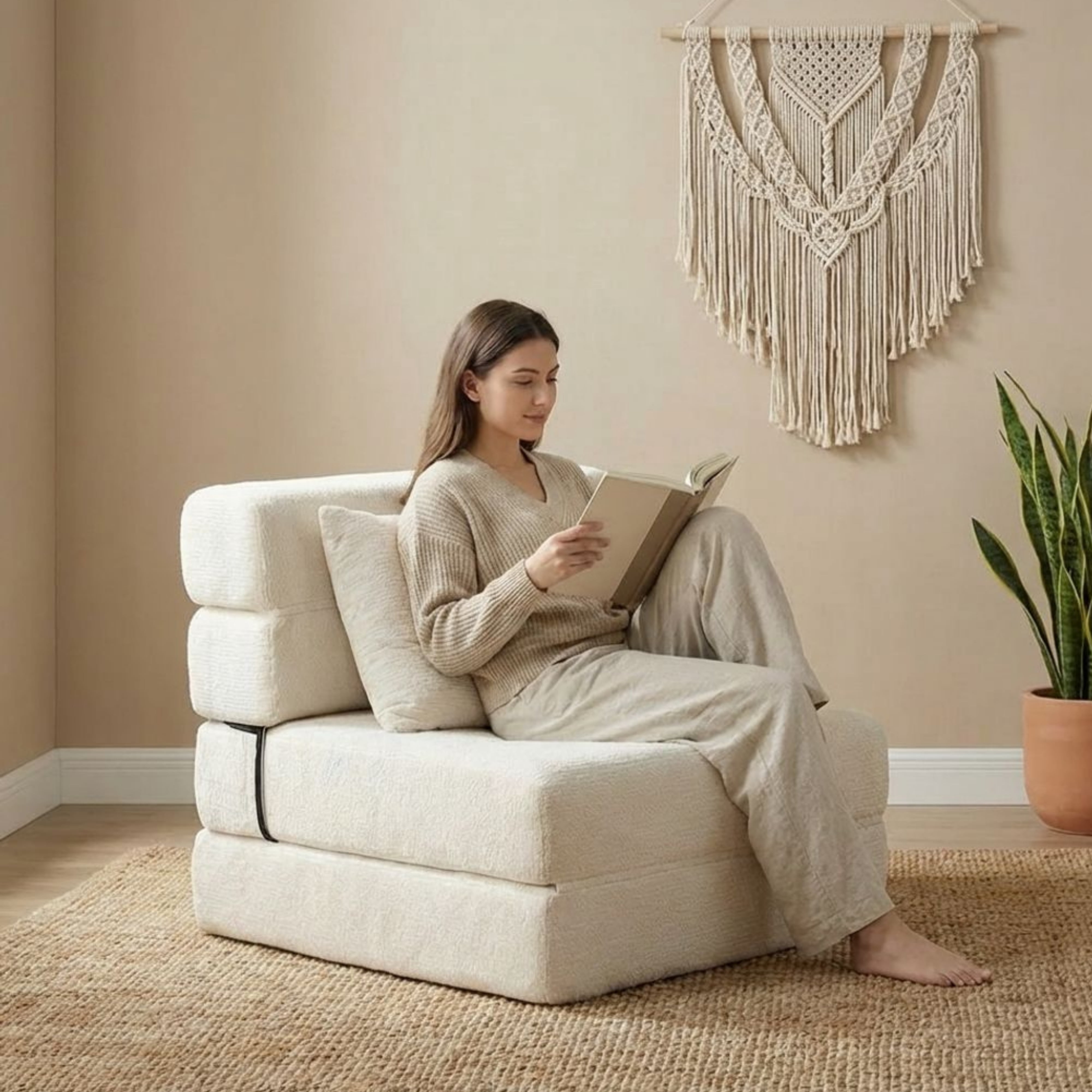 Oak and Birch Folding Sofa Bed Floor Couch with Pillow, 3-in-1 Convertible Boneless Convertible Chair, Chaise Lounge & Sleeper for Living Room, Apartment, Dorm, Gaming Room, Chenille, Cream
