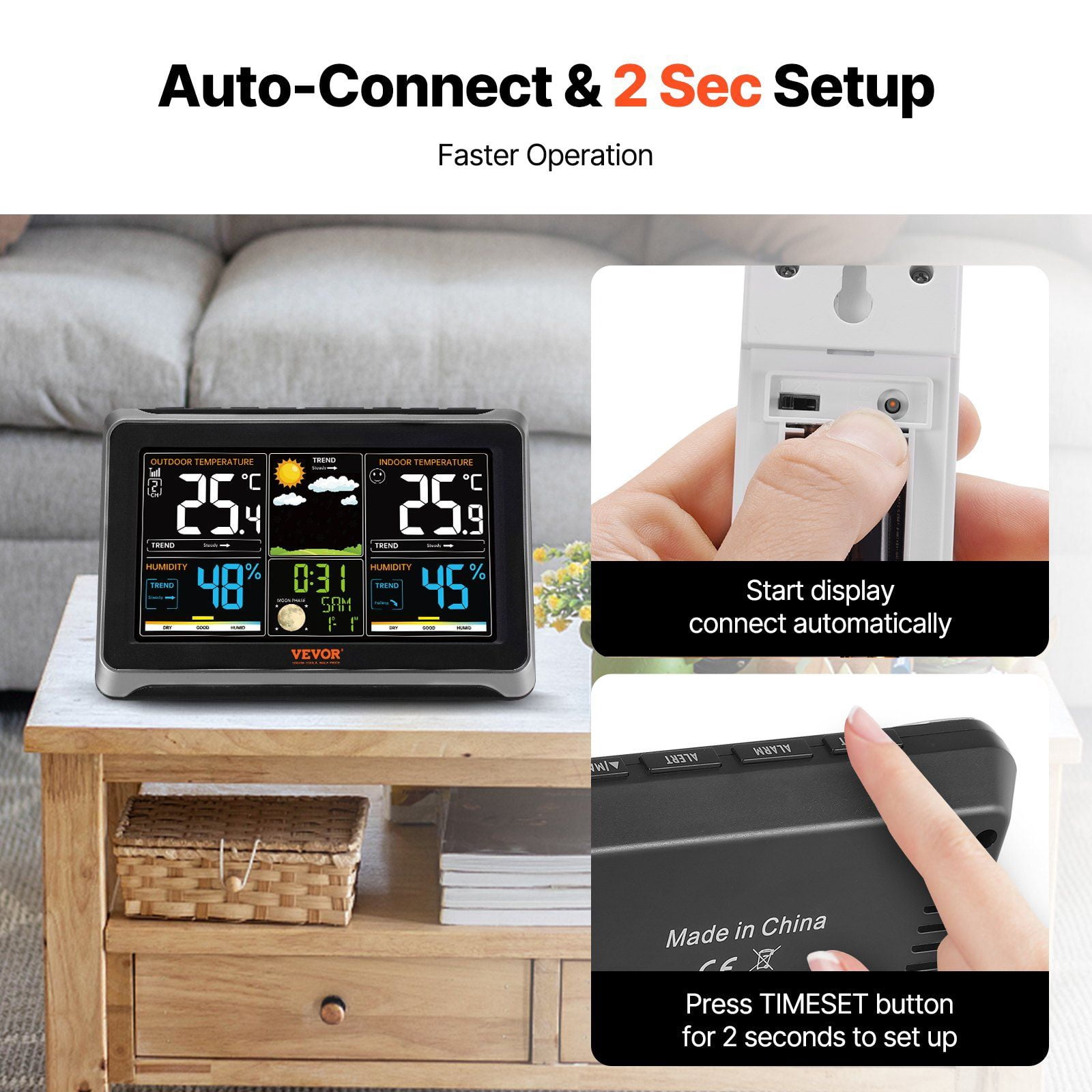 Wireless Weather Station with Indoor Outdoor Thermometer, 7.5" Color Display, Atomic Clock, Forecast, Calendar & Alarms