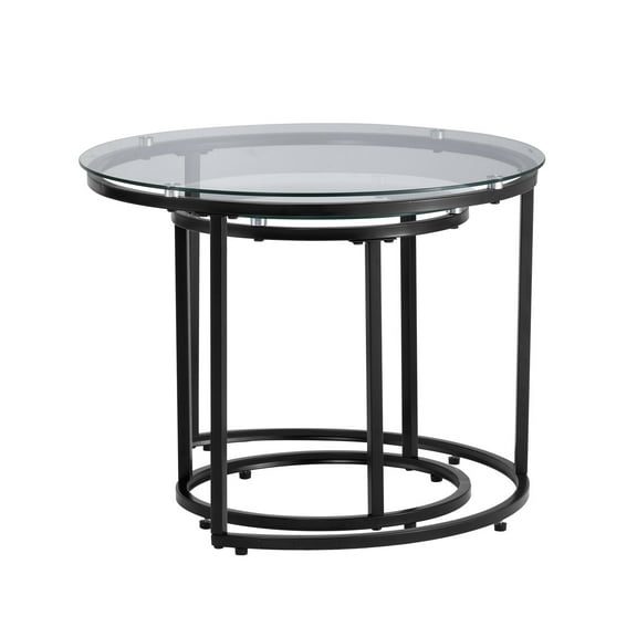 KFFKFF Nesting Coffee Table Set of 2, 23.6 in Round Tables, Glass Top Nesting Tables for Compact Spaces, Contemporary End Side Tables Night Stand with Metal Frame, for Living Room, Bedroom, Balcony