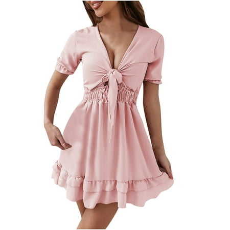 

Floleo Women s Dress Clearance Summer s Fashion Lacing Ruffles Solid Color Sexy Short Sleeve V Neck Printed
