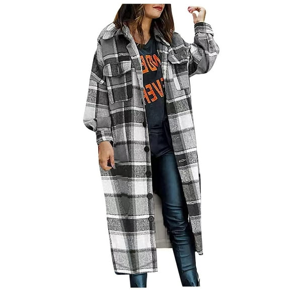 IROINNID Women's Woolen Coat Notch Lapel Plaid Long Sleeve Casual Autumn And Winter Plaid Suit Cardigan Woolen Coat Tops Jackets Windbreaker Outerwear With Pocket, Gray