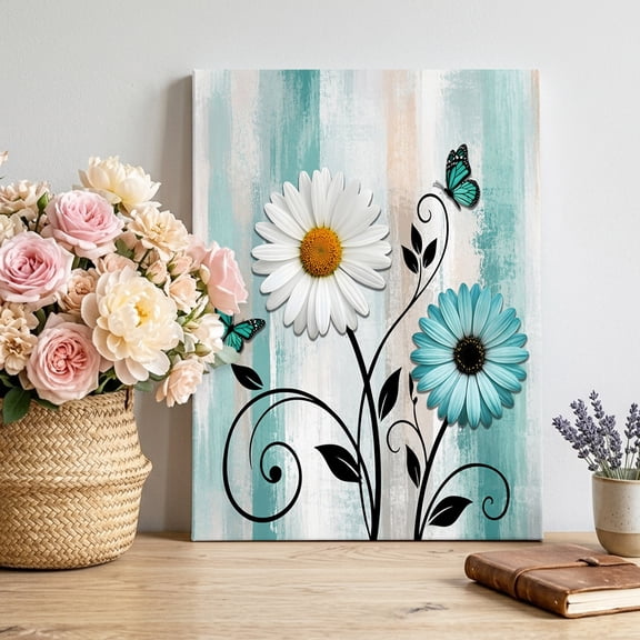 White Teal Daisy Canvas Wall Art for Living Room, Rustic Floral Turquoise Flower Butterfly Vines Poster Print Painting for Entryway Side Of Cabinet Decoration Wall Pictures Prepare To Hang 8"x12"