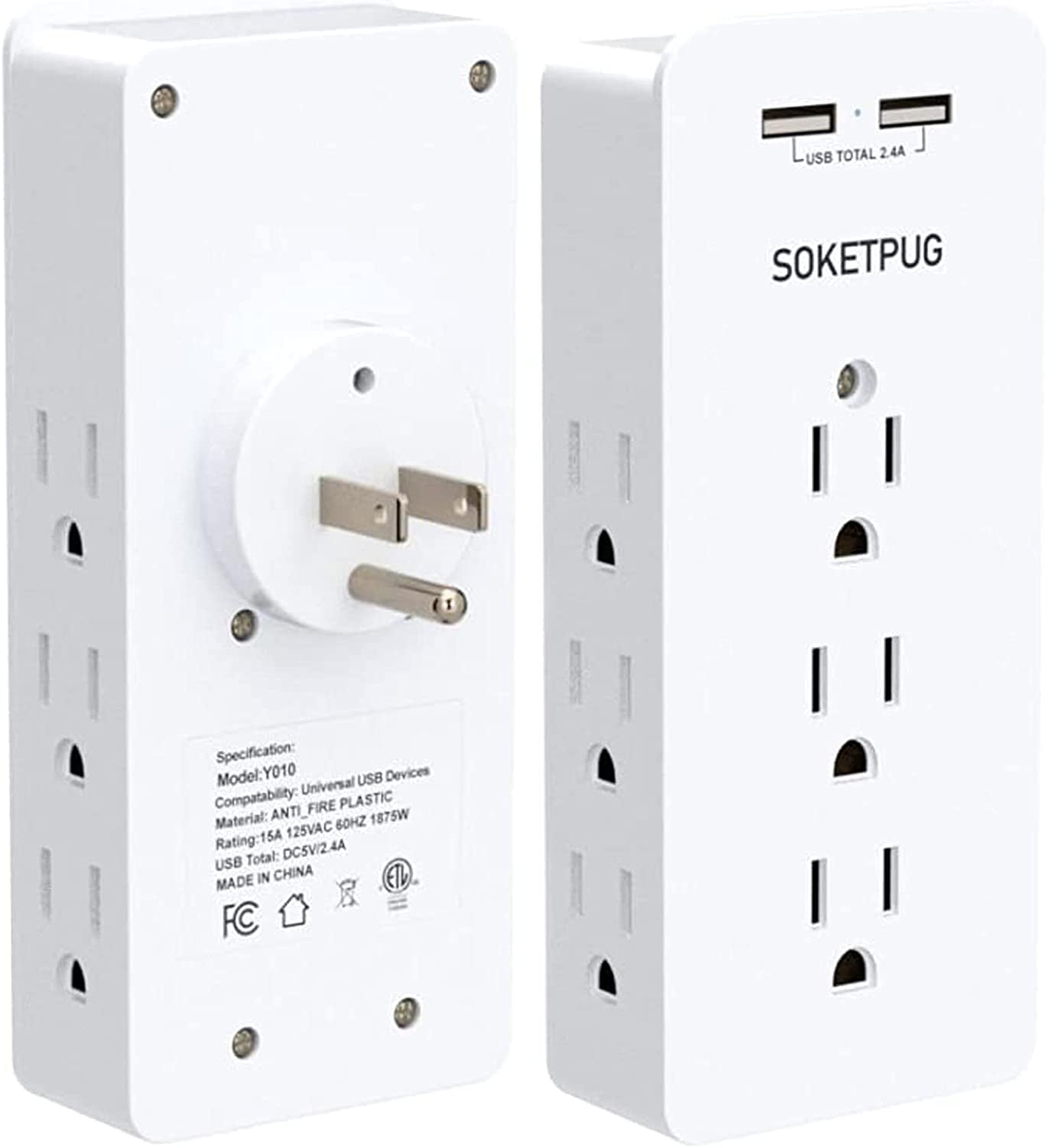 2 Pack Surge Protector Outlet Extender 11 in 1, 3 Sided USB Wall