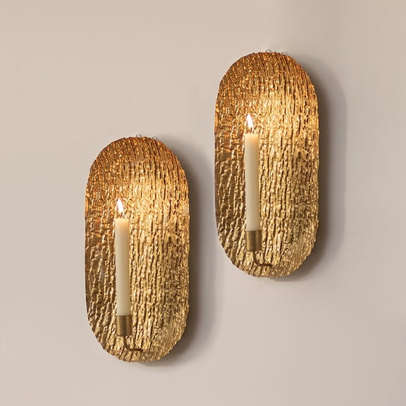 Sziqiqi Set of 2 Gold Textured Wall Sconces: Vintage Metal Candle Holders for Taper Candles Elegant Hanging Decor for Living Dining Room Fireplace Bedroom Easy Mount Oval Gold Leaf