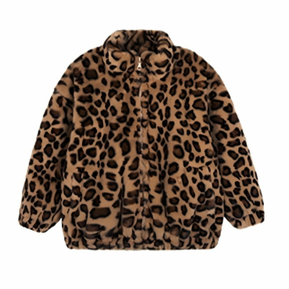JAHH 2025 New Children's Leopard Print Thick Coat Autumn and Winter Girls Plush Warm Top Clothing for Fashion Casual Breathable Lightweight (6-7 Years,Khaki)