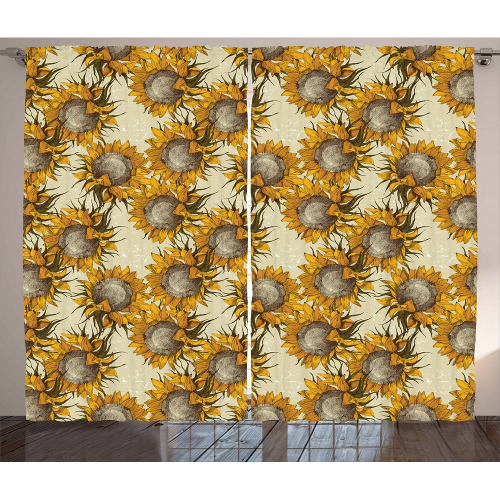 Sunflower Curtains 2 Panels Set, Vintage Style Ornament with Flowers