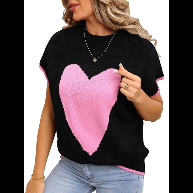 Suéter Corto de Corta para Mujer, Cuello Alto, Corazón, Suelto, de Punto, para San Valentín. Negro S