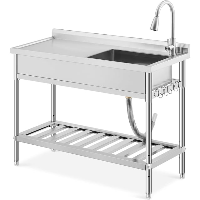 Bingirl Évier Utilitaire en Acier Inoxydable : Bol Simple Autoportant 47x19x37 Po avec Robinet Extractible Chaud/froid, Crochets en S, Tablette de Rangement et Pattes Ajustables, Idéal pour Buanderie, Garage et Cuisine