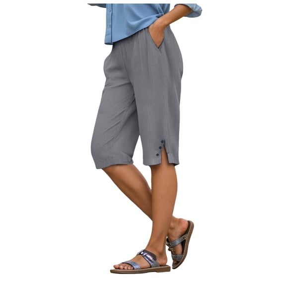 vigerkar Linen Bermuda Shorts for Women Knee Length Casual Summer Linen Capri Pants Lightweight Beach Shorts with Pockets Dark Gray, M