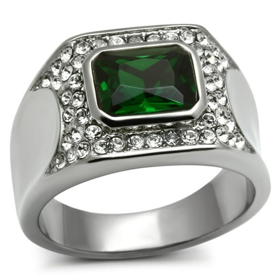 Luxe Jewelry Designs Stainless Steel Men's Ring with Emerald Synthetic Glass Stones - Size 8