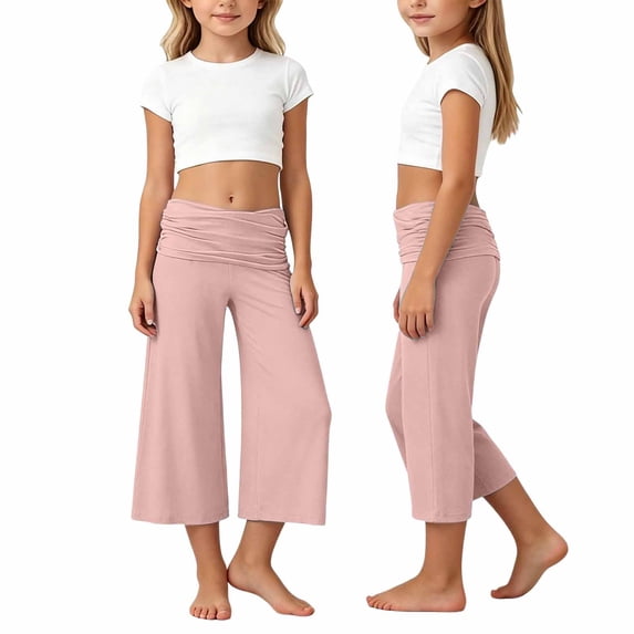 OOOUM Girls Capri Pants Elastic Waist Wide Leg Pants Stylish And Comfortable Casual Trousers For Various Sports Pink 5-6 Years