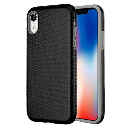 Apple iPhone XR (6.1 Inch) - Phone Case Protective Shockproof Hybrid Rubber Rugged Cover with Textured Carbon Fiber Design BLACK Gray Slim Phone Case for Apple iPhone Xr (Best Iphone 5 Cases Carbon Fiber)