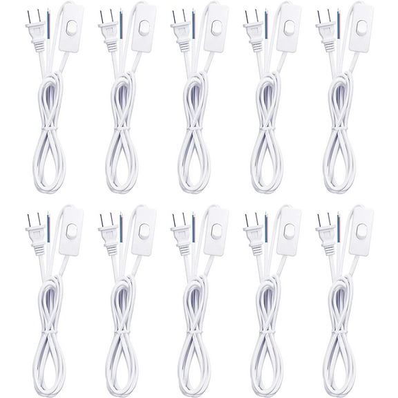 BlinkLLX 10 Packs Lamp Cord Set with Plug and Switch Pure Copper Extension Lamp Switch Cord Replacement Stripped Ends Ready for Wiring,110-220v, 50w, 6 Feet/1.8m, White