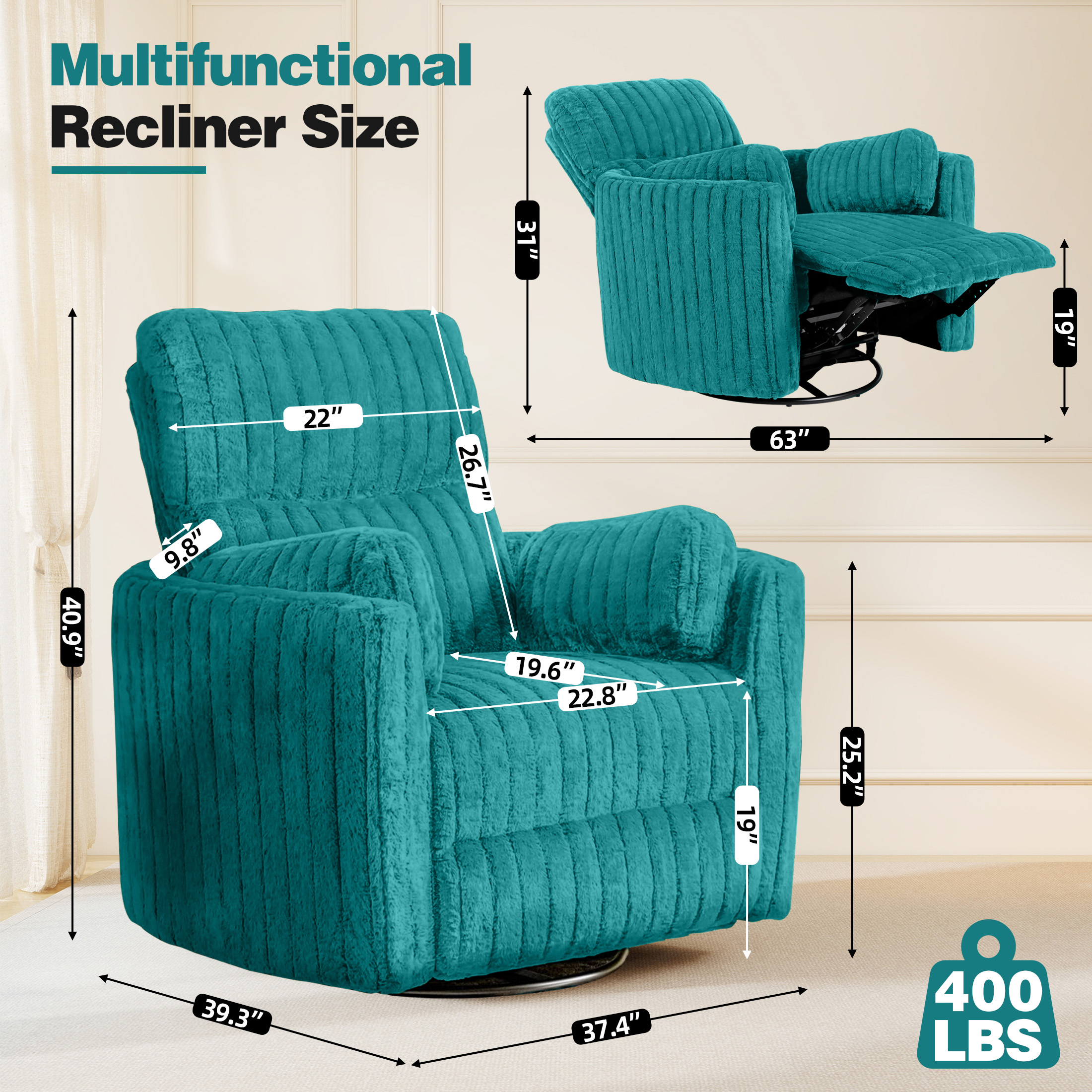 Aukfa Swivel Rocking Glider Power Recliner Chair with 24" Wide Seat & Type-C & USB Ports, Dark Teal