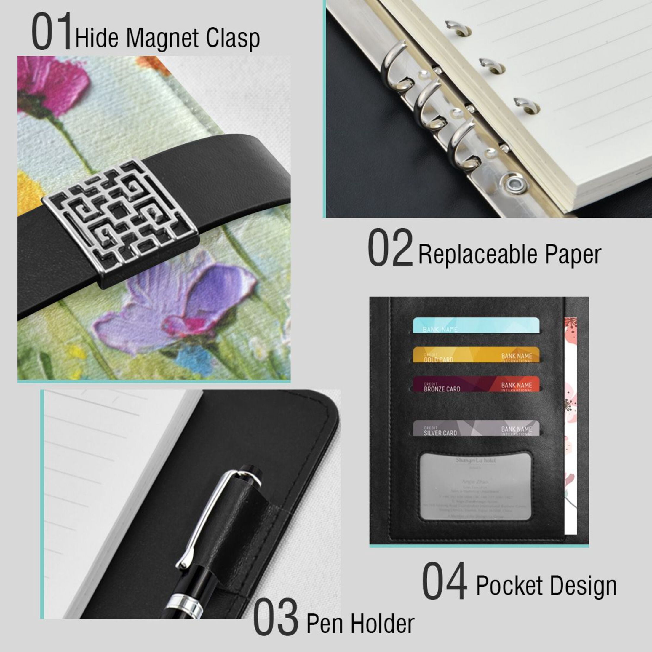 Leather Planner Leather Notebook Notebook Journal Binder Design Pen Pocket Design Convenient for Storage Meadow Flower Spring