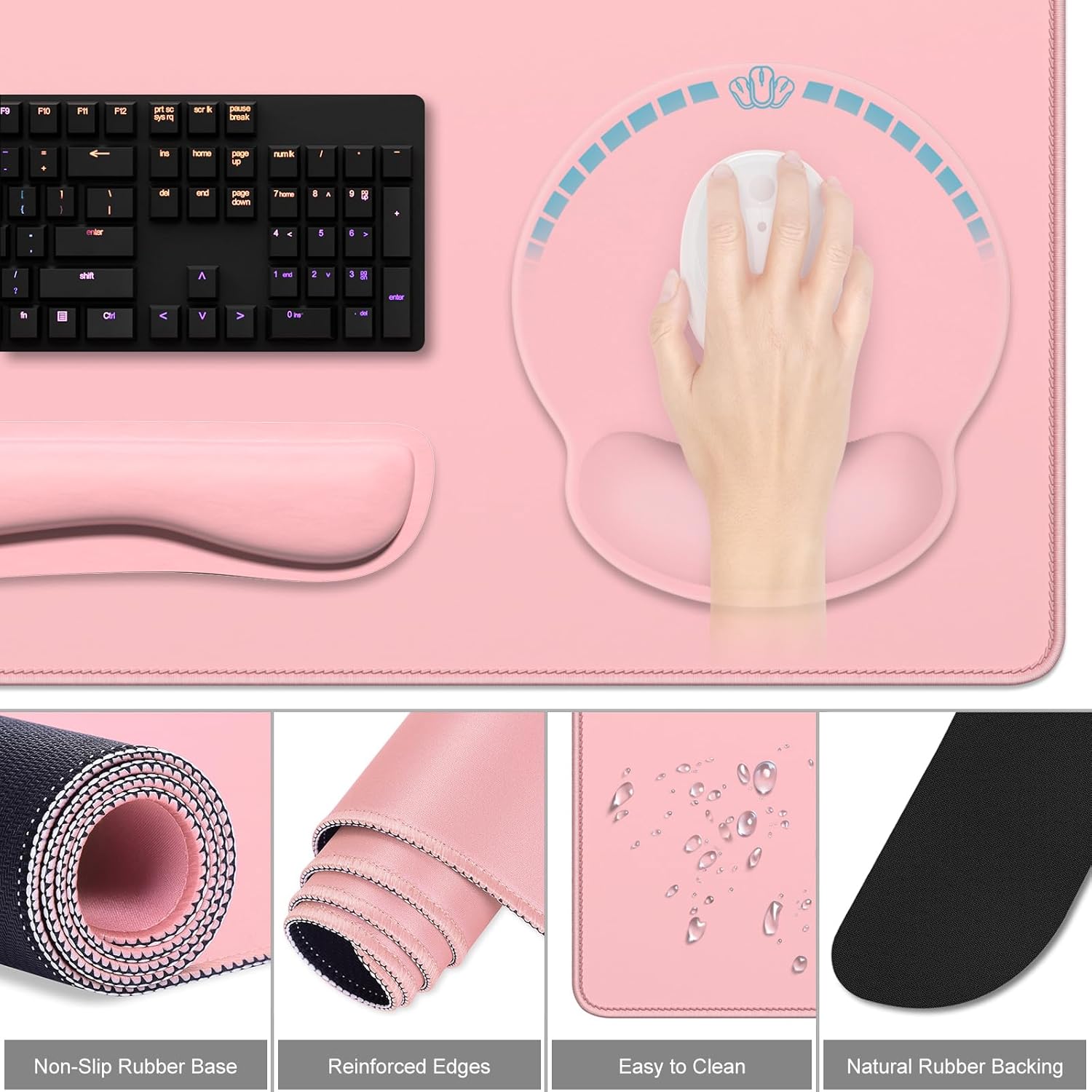 WEIFEI-Large Gaming Mouse Pad, Pink Mouse Pads with Wrist Rest Wrist Support, 4in1 Big XXL Desk Mat Desk Pad + Ergonomic Mousepad + Memory Foam Keyboard Mat Wrist Rest + Coaster Set for Computer