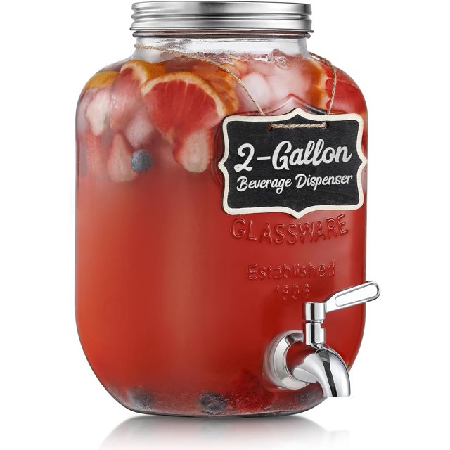 Dispensador de bebidas de vidrio de 2 galones, grifo y tapa de acero inoxidable 18/8 - Dispensadores de bebidas de vidrio para fiestas - Dispensadores de bebidas en frasco de vidrio con tapas -