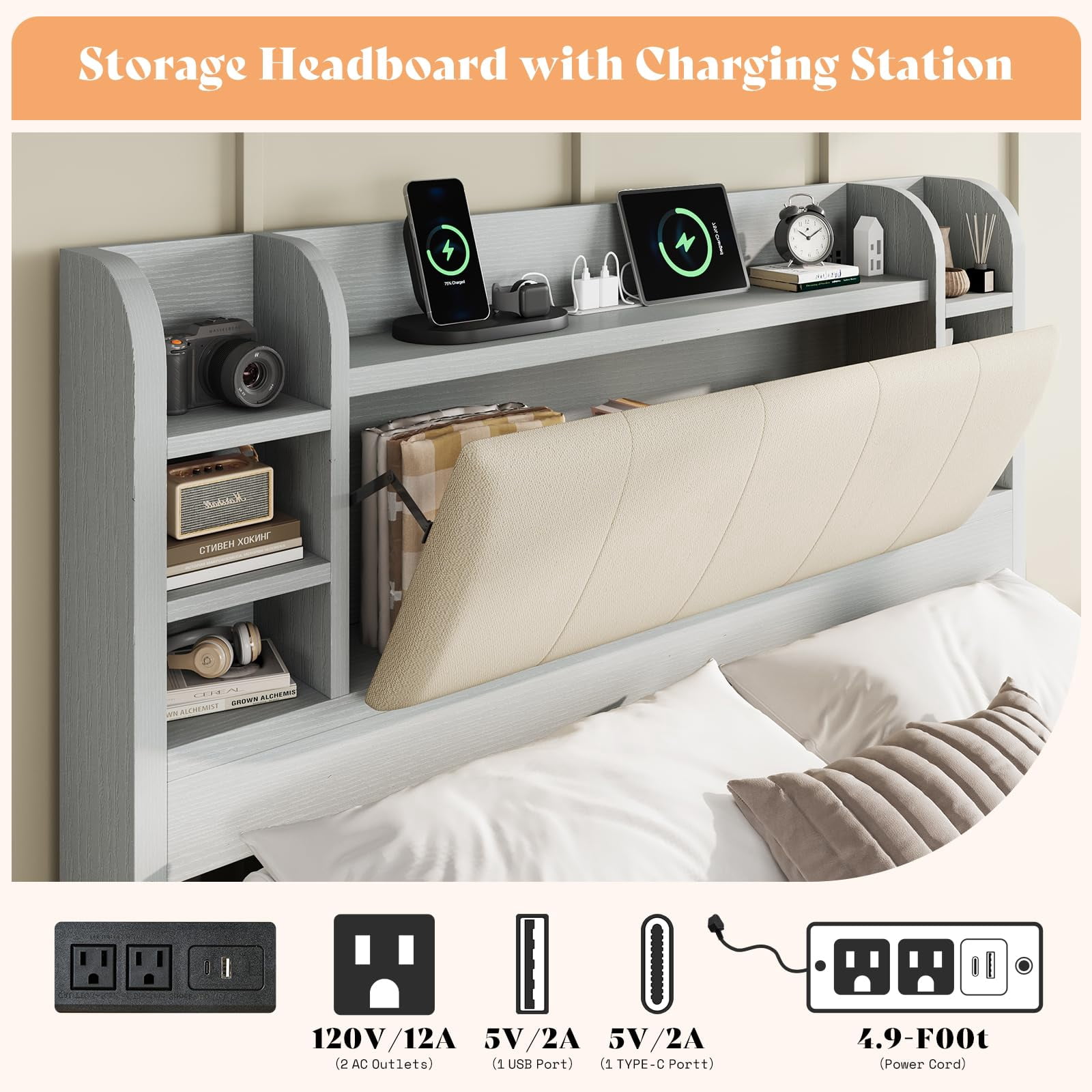 Amerlife Queen Size Bed Frame with Drawers,Upholstered Bookcase Headboard and Charging Station,Gray