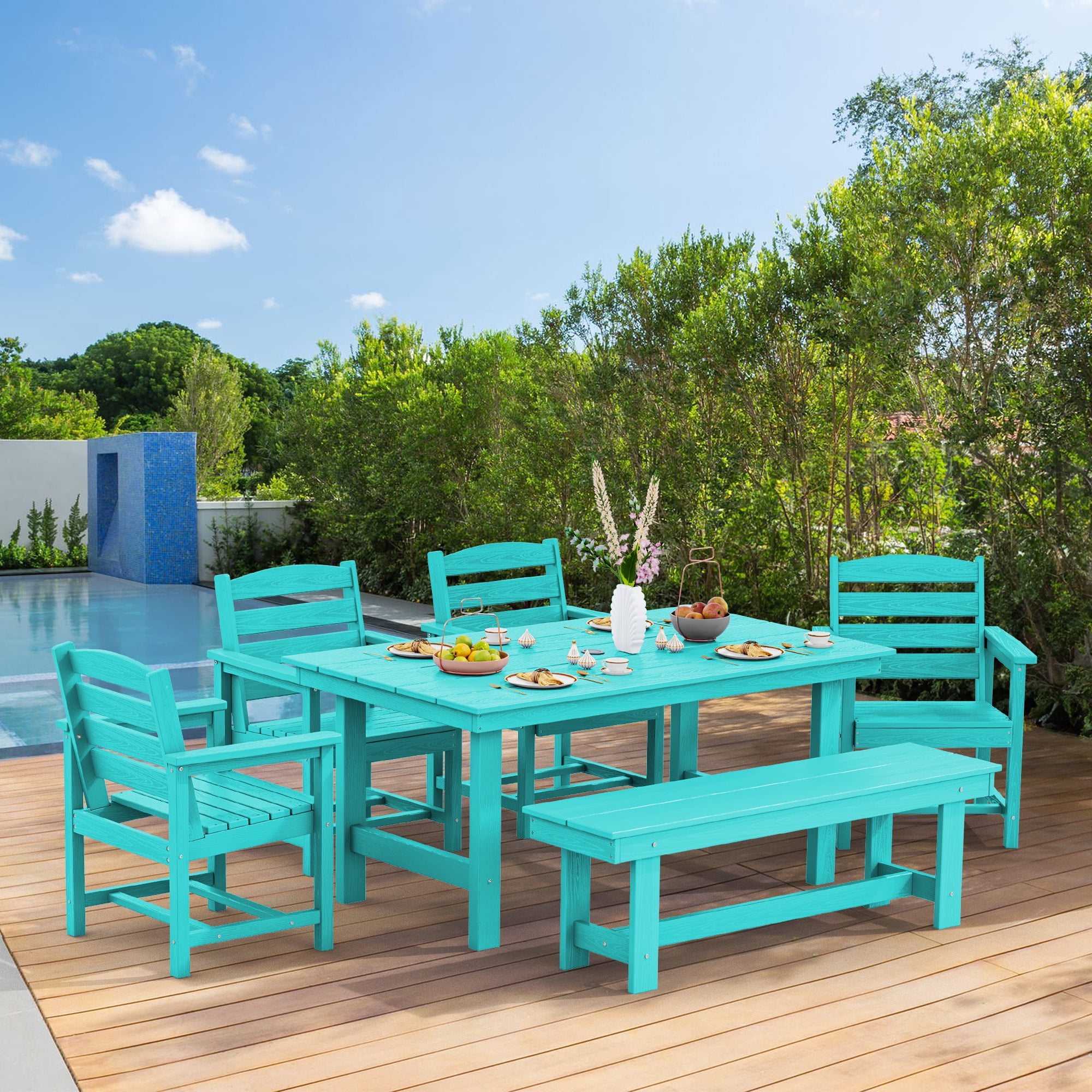 LOYALICE 6 Pieces Patio Furniture Set, HDPE Outdoor Dining Table Set with 1 Bench, 4 Chairs, Durable and Weather-Resistant for Patio, Garden and Balcony Use, Turquoise