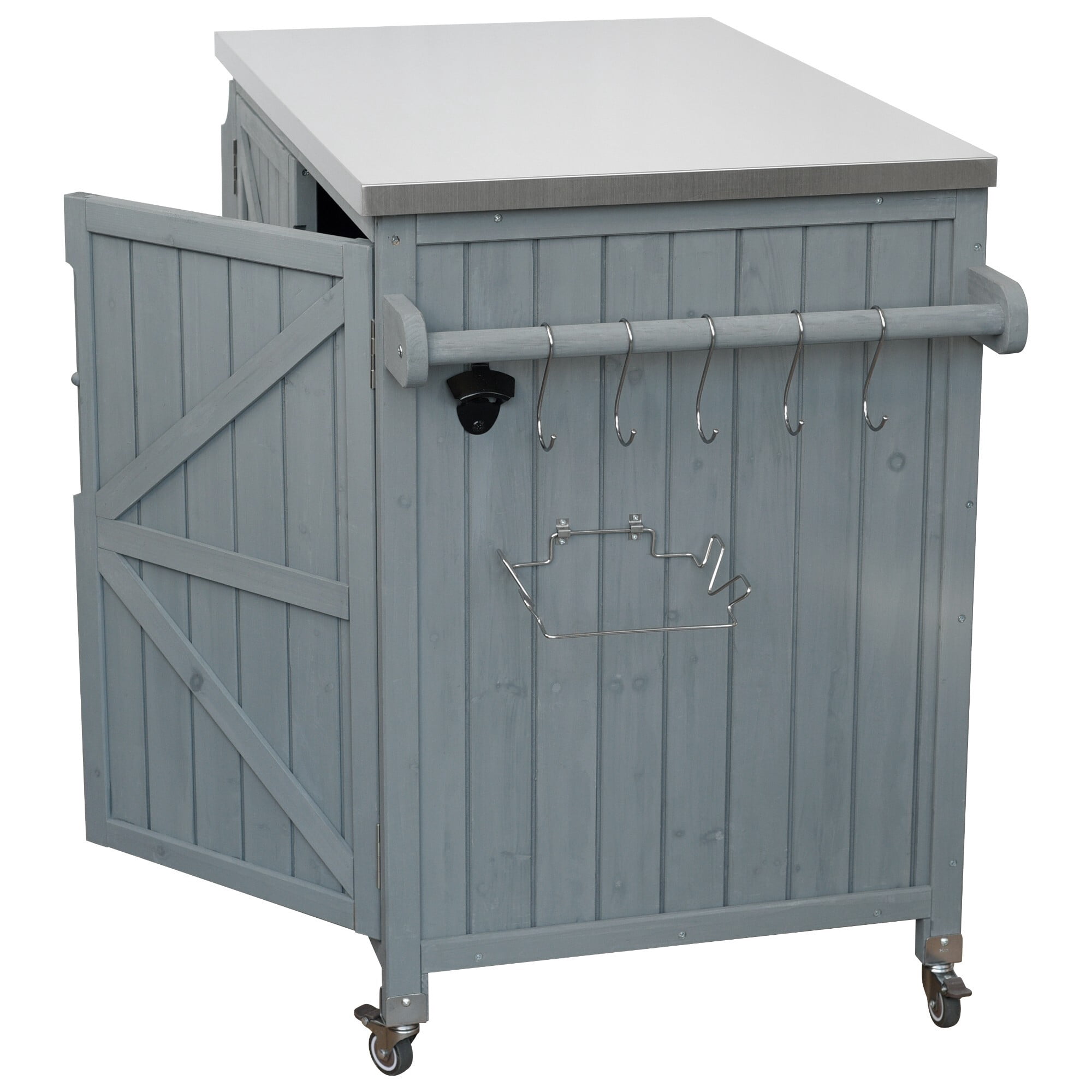 AENKYO 42" Outdoor Kitchen Island, Rolling Grill Cart with Stainless Steel Top, BBQ Prep Table with Cabinet, Blue