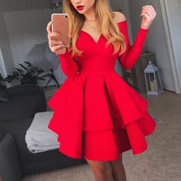 symoid Long Dresses for Women- Fashion Elegant Deep V-neck Solid Long Sleeve Ruffled Evening Dress Red L