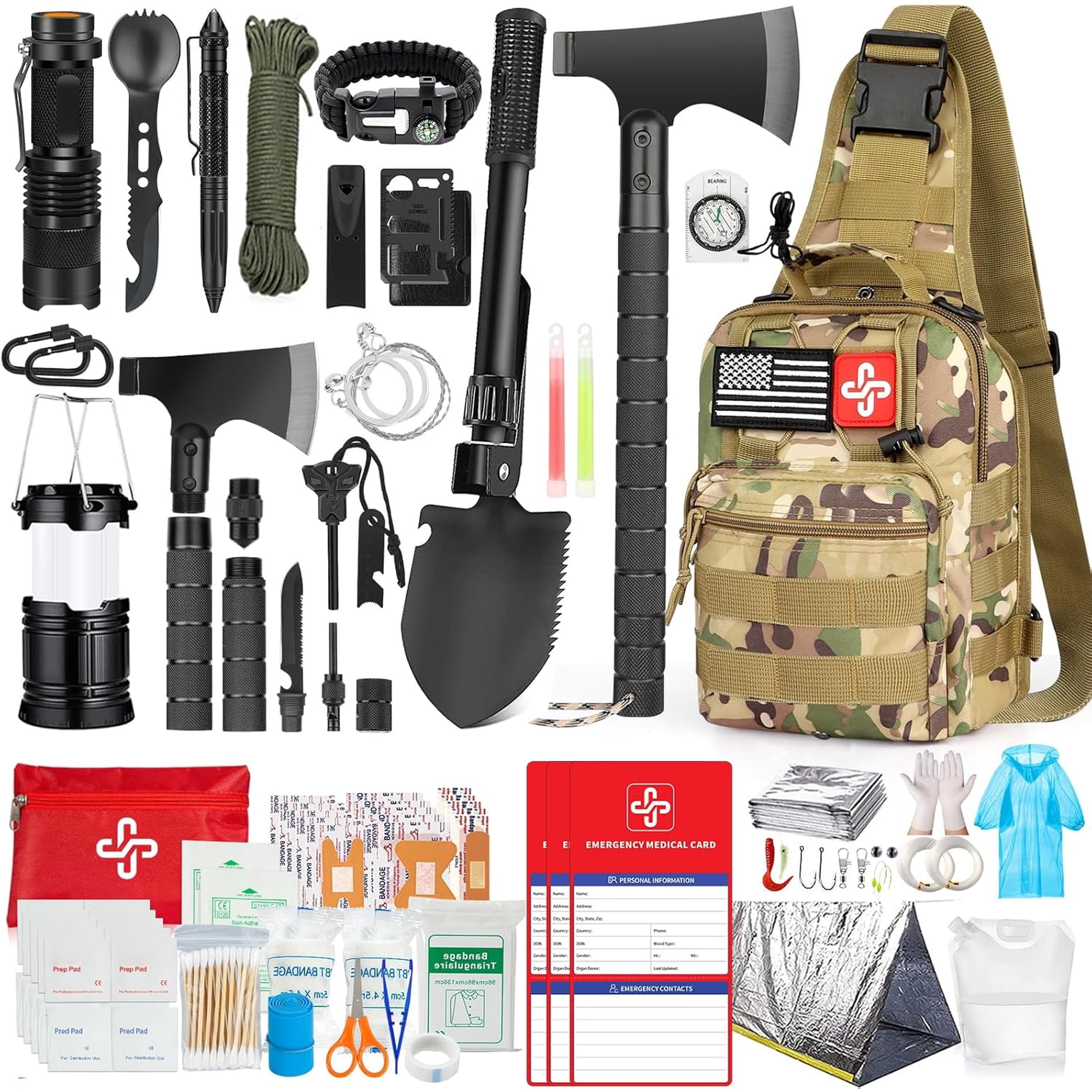 Survival Kit 262Pcs Survival Gear and Supplies with First Aid Kit Pouch and Crossbody Bag Emergency Kit with Tent Camping Axe Hammer Survival Shovel w/Pick Bug Out Bag Gifts for Men Women