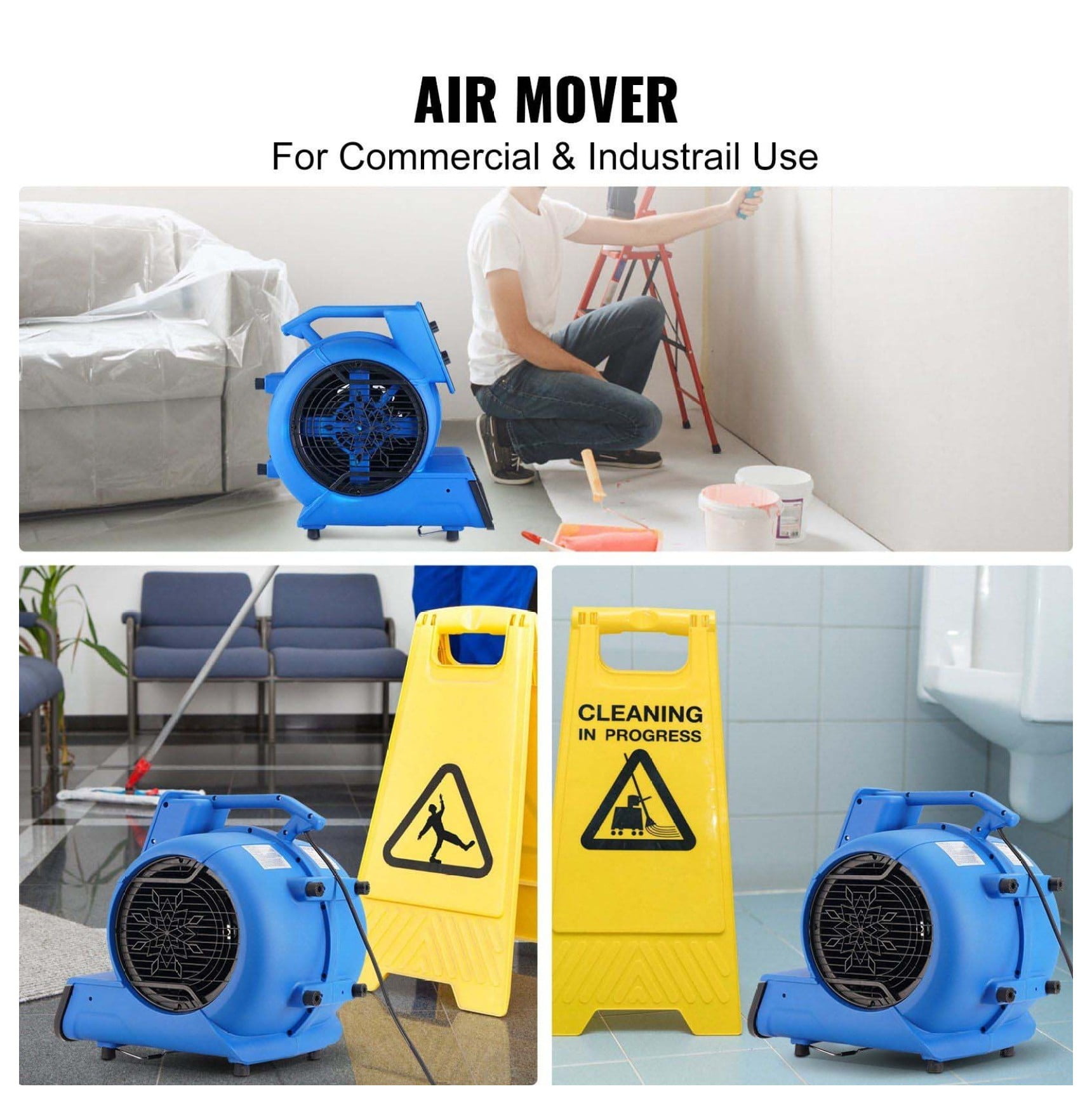 Floor Blower 1/2 HP 2600 CFM Air Mover, Portable Carpet Dryer Fan for Quick Drying & Cooling - 3 Speed Settings, Adjustable Angles, Timer Function - Janitorial, Home, Industrial Use
