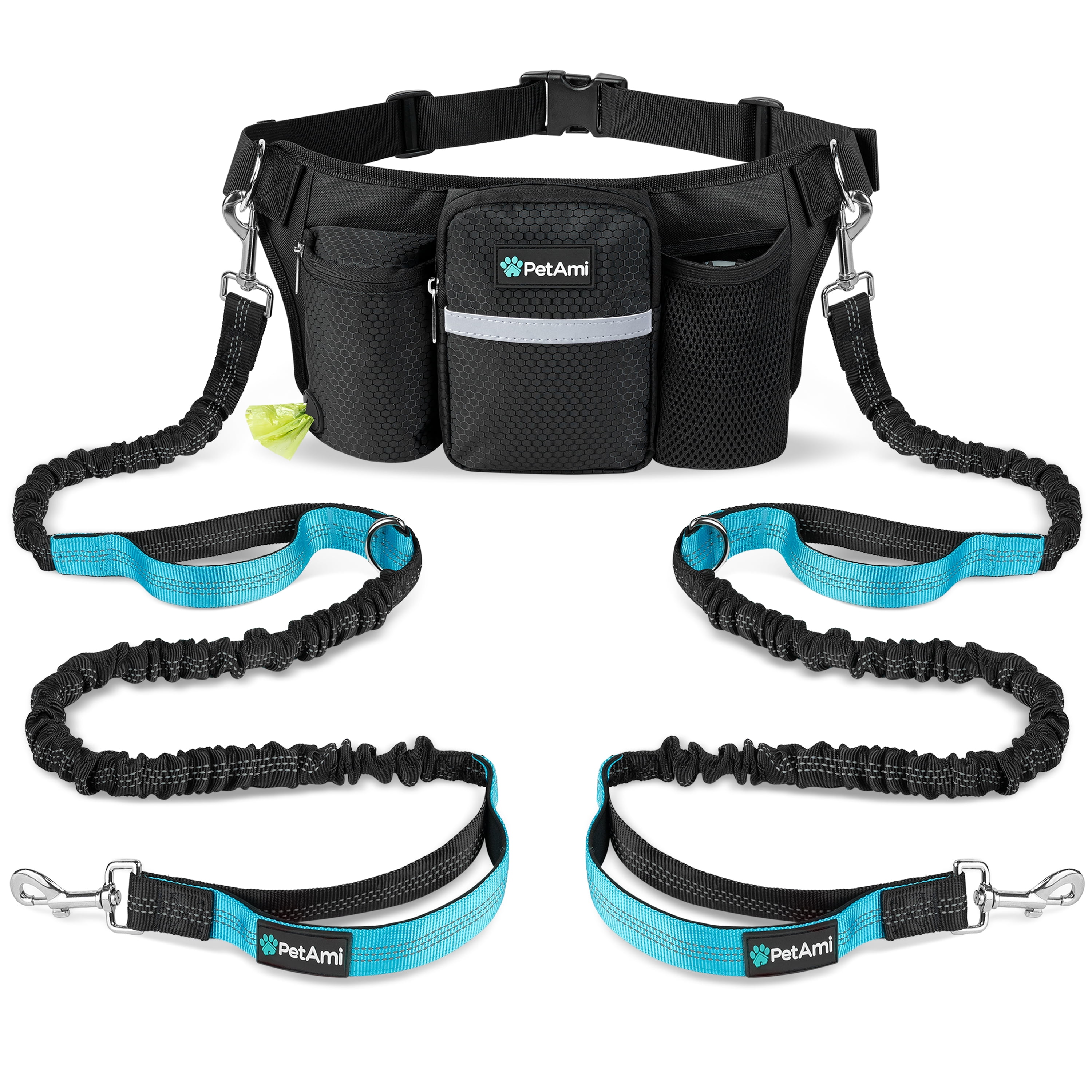 PetAmi Premium Hands Free Dog Leash for 2 Dogs, Adjustable Waist Belt Leash for Dog Walking, Fanny Pack Accessories Bag Dual Bungee Leash for Running, Hiking, Jogging, Biking, Black
