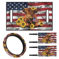 Jeiento Golf Cart Seat Cover 4 Pack with Steering Wheel Cover and Golf Cart Flags Highland Cattle US Flag Universal Seat Blanket Steering Wheel Cover Accessories Decor Golf Cart Banner