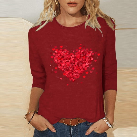 EchfiProm Womens Shirts Valentine T-Shirt Valentines Day 3/4 Sleeve Red Romantic Holiday Top for Women