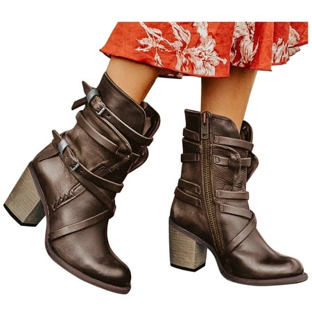 

Takeoutsome Women s Winter Fashion Squared Heel Vintage Round Toe Zip Up Combat Boots Shoes