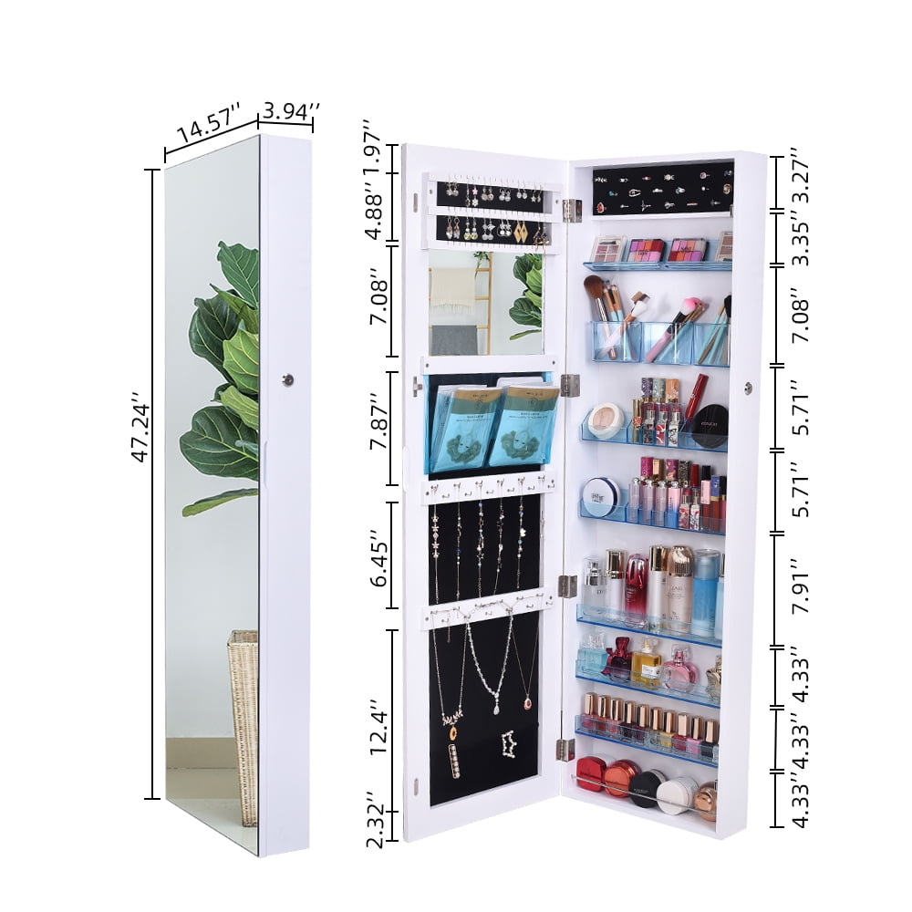 Kepooman 8-Layer Wall Mounted Acrylic Storage Mirror Cabinet, Modern Lockable Jewelry Armoire for Earrings Necklaces, White Kepooman 8-Layer Wall Mounted Acrylic Storage Mirror Cabinet, Modern Lockable Jewelry Armoire for Earrings Necklaces, White