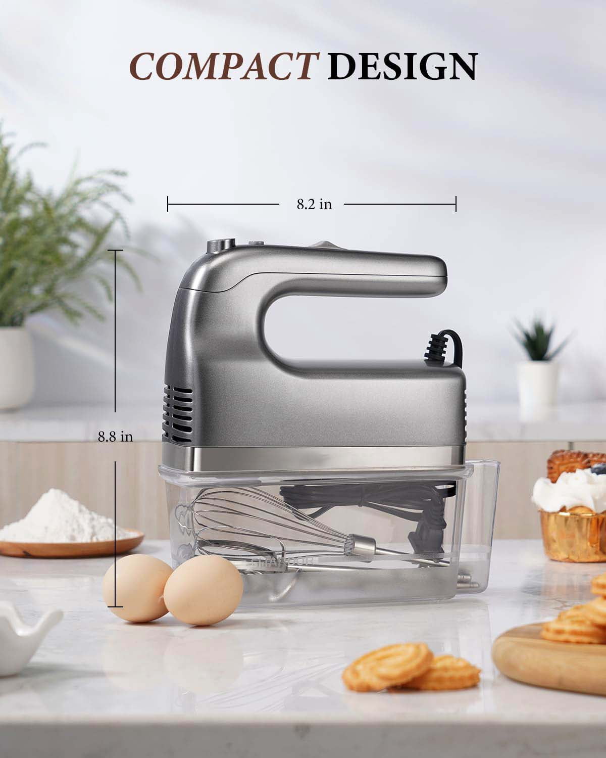Hand Mixer, 450W Handheld Mixer with Storage Case 5-Speed Plus Turbo Hand Mixer Electric With 5 Stainless Steel Attachments(2 Beaters, 2 Dough Hooks and 1 Whisk), Silver