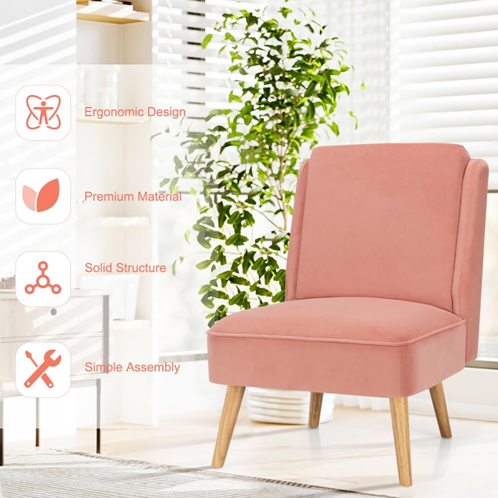 Finihen Velvet Accent Chair, Velvet Accent Armless Side Chair with Rubber Wood Legs, for Living Room, Bedroom, Pink