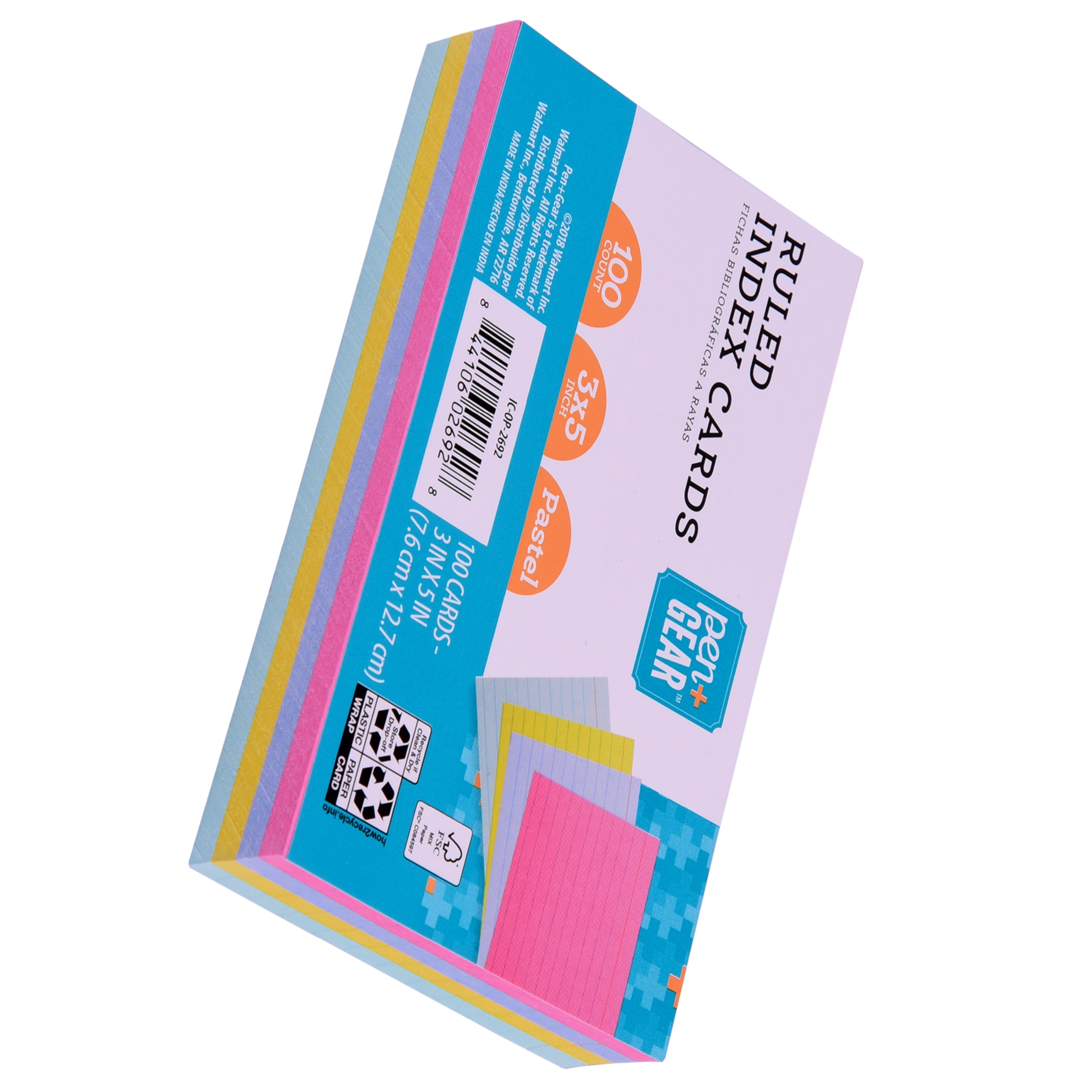 Pen + Gear Ruled Index Cards, Pastel, 3" x 5", Assorted Colors, 100