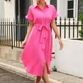 thumbnail image 4 of UTSJKR Women's Midi Shirt Dress Short Sleeve Sundress 2024 Fashion Elegant Solid Button Up Collar Neck Smocked Tie Waist Pleated Loose Fit Flowy Dress Summer Basic Hot Pink M, 4 of 5