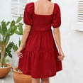 thumbnail image 4 of Elvqul Womens Silk Dresses Ruffled Midi Square Neck Birthday Plain Short Sleeve Red Dresses, 4 of 7