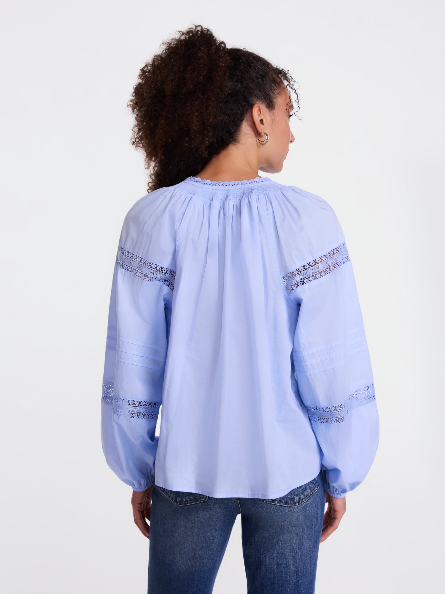 Scenario Women's and Women's Plus Smocked Neck Top with Lace Inserts, Sizes XS-4X