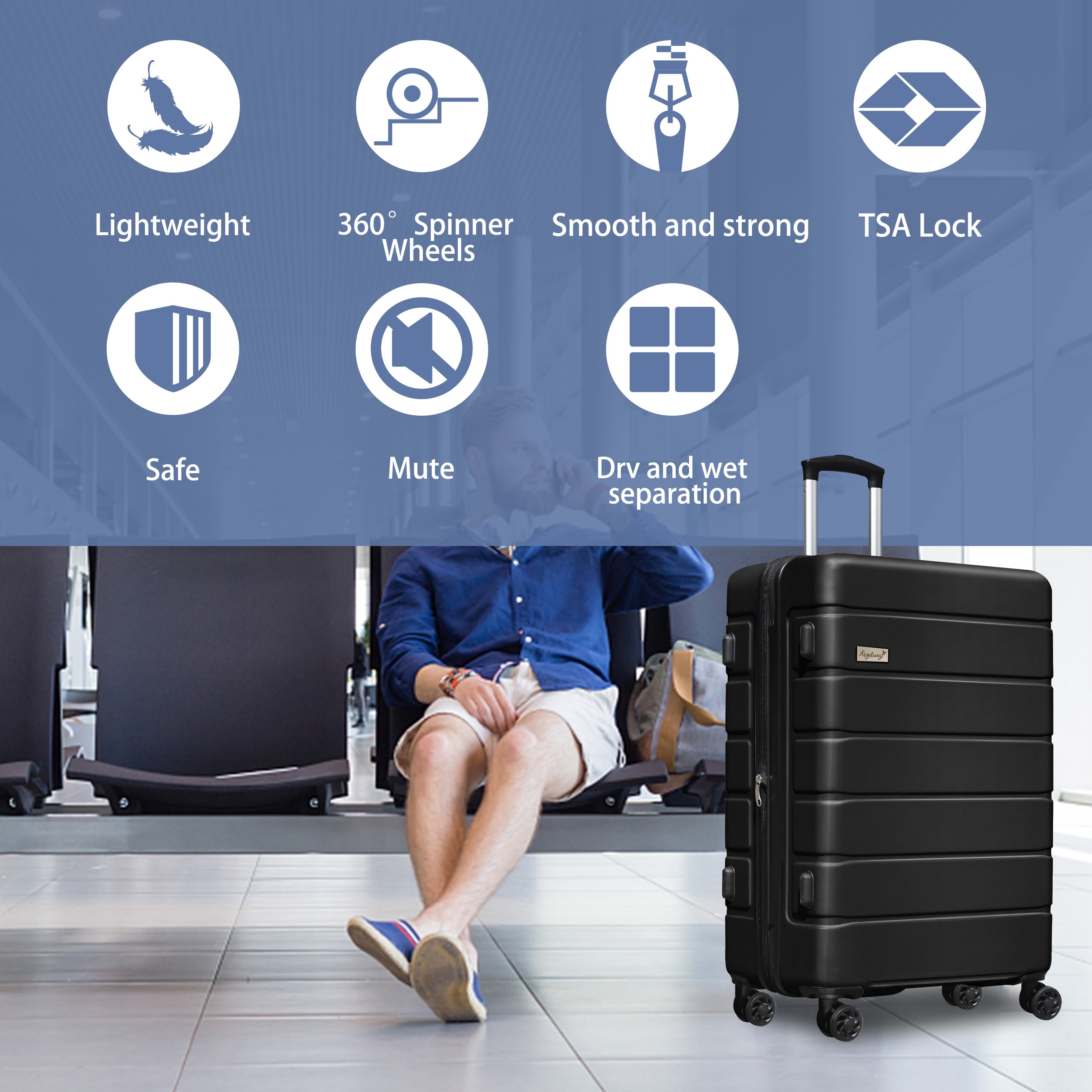 Keytang Lightweight Hardside Expandable Spinner Wheels Luggage Suitcase W/TSA Lock 3-Piece Set，Black