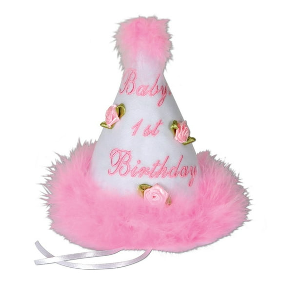 Party Central Club Pack of 6 Medium Head Size Baby's 1st Birthday Pink Party Cone Hat with Ribbon