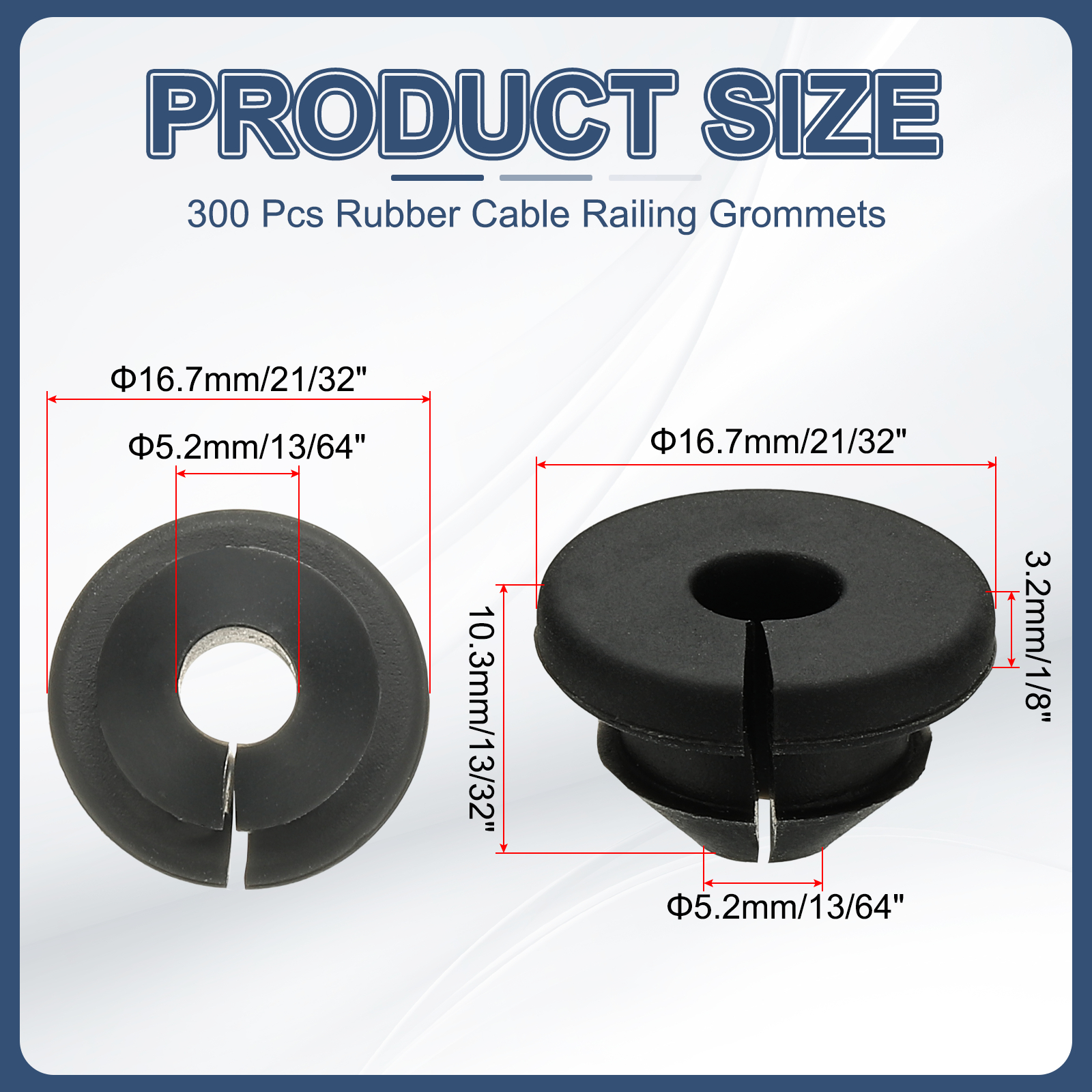 300pcs Cable Railing Rubber Grommets for 1/8" 3/16" 5/32" Cables, Cable Railing Grommet Hardware Kit for Metal Running Tube Posts Deck Wire Rope Protective Sleeves, Black