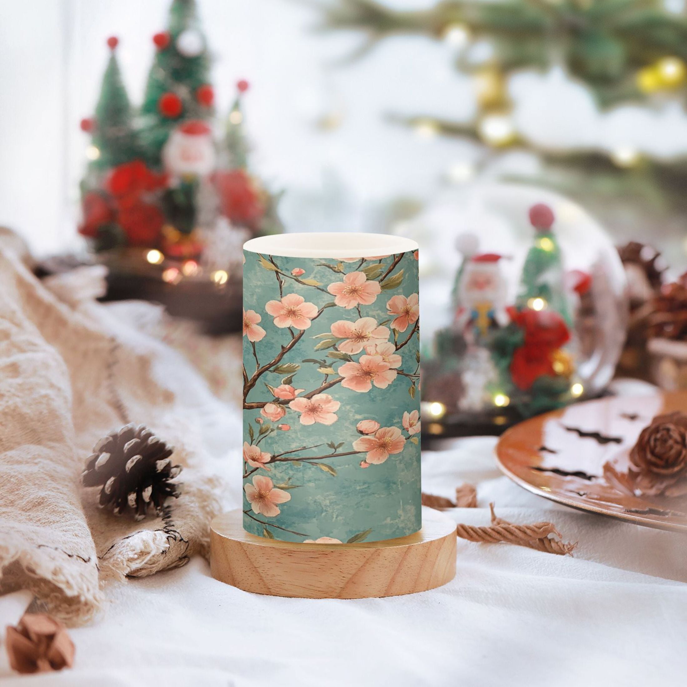 WOBOGO Size Combo Candle Flickering Flameless with Remote Control and Timer for Romantic Atmosphere Peach Blossom Pattern