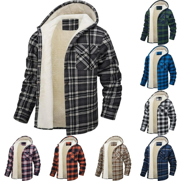 Men's Flannel Shirt Jacket Sherpa Lined Plaid Jackets Coat Full Zip Up Hoodie Winter Outwear Saffron 3XL